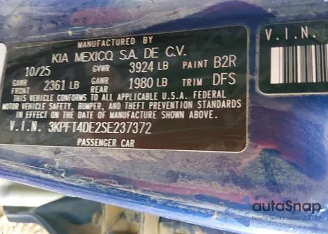 2025 Kia K4 Lxs z USA, uszkodzony, nr VIN 3KPFT4DE2SE237372